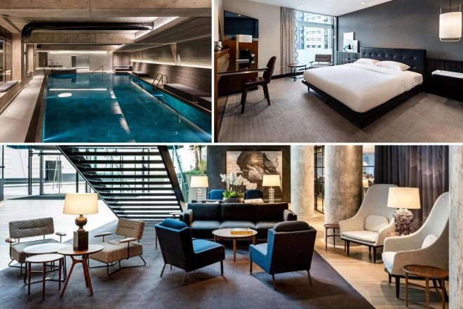 A collage of three hotel photos to stay in Manchester: an indoor pool with an industrial-chic vibe, a spacious bedroom with simple elegance and city views, and a sophisticated hotel lounge with plush seating and artistic decor.